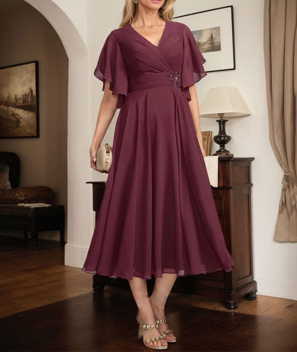 A-line V-Neck Tea-Length Chiffon Mother of the Bride Dress With Pleated Beading