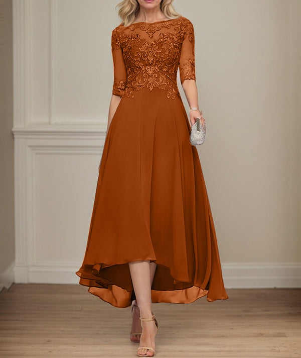 A-line Boat Neck Illusion Asymmetrical Chiffon Lace Mother of the Bride Dress With Sequins Beading