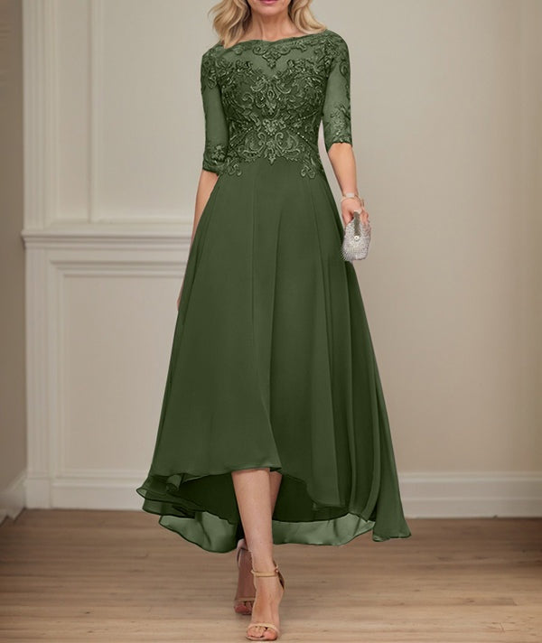 A-line Boat Neck Illusion Asymmetrical Chiffon Lace Mother of the Bride Dress With Sequins Beading