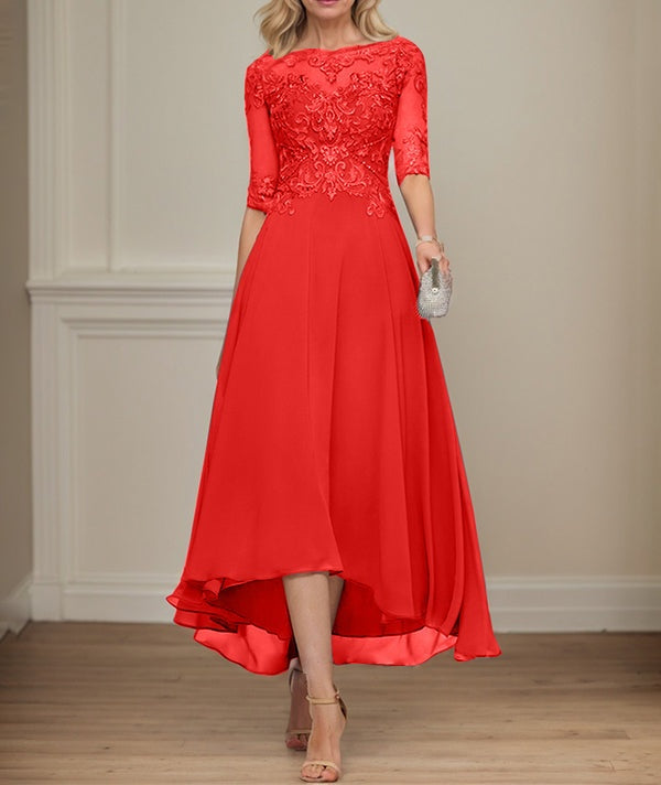 A-line Boat Neck Illusion Asymmetrical Chiffon Lace Mother of the Bride Dress With Sequins Beading