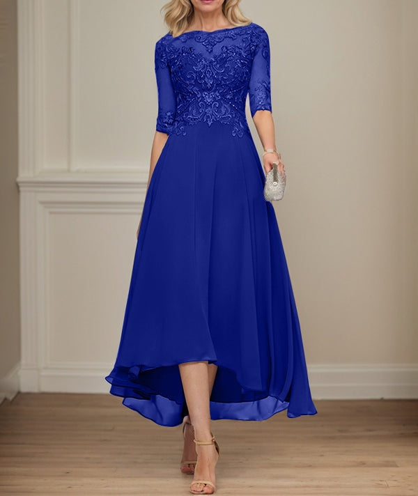 A-line Boat Neck Illusion Asymmetrical Chiffon Lace Mother of the Bride Dress With Sequins Beading