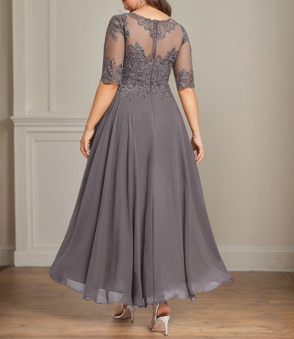 A-line Boat Neck Illusion Asymmetrical Chiffon Lace Mother of the Bride Dress With Sequins Beading