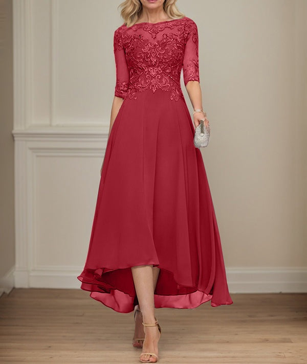 A-line Boat Neck Illusion Asymmetrical Chiffon Lace Mother of the Bride Dress With Sequins Beading