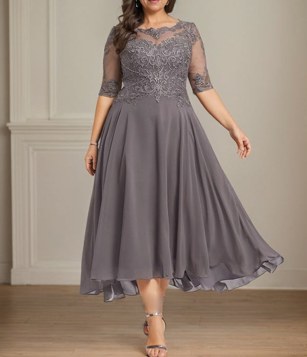 A-line Boat Neck Illusion Asymmetrical Chiffon Lace Mother of the Bride Dress With Sequins Beading