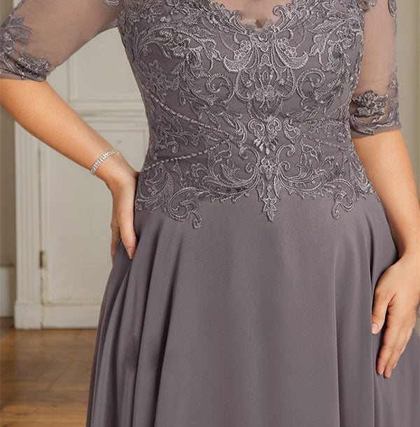 A-line Boat Neck Illusion Asymmetrical Chiffon Lace Mother of the Bride Dress With Sequins Beading