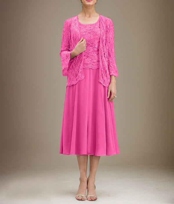 A-line Scoop Tea-Length Lace Chiffon Mother of the Bride Dress With Sequins