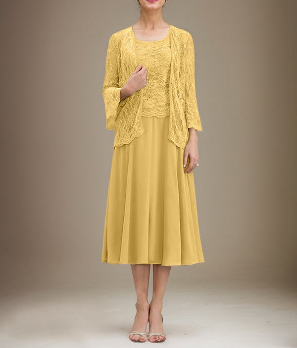 A-line Scoop Tea-Length Lace Chiffon Mother of the Bride Dress With Sequins