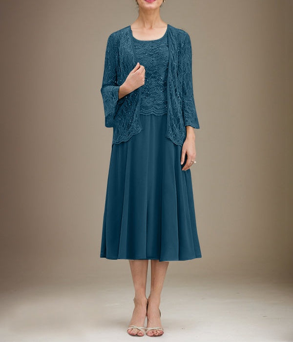 A-line Scoop Tea-Length Lace Chiffon Mother of the Bride Dress With Sequins