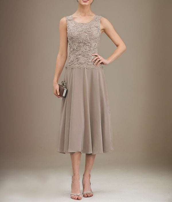 A-line Scoop Tea-Length Lace Chiffon Mother of the Bride Dress With Sequins