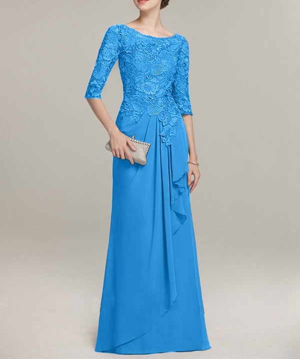 A-line Scoop Illusion Floor-Length Lace Chiffon Mother of the Bride Dress With Cascading Ruffles