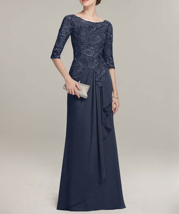 A-line Scoop Illusion Floor-Length Lace Chiffon Mother of the Bride Dress With Cascading Ruffles