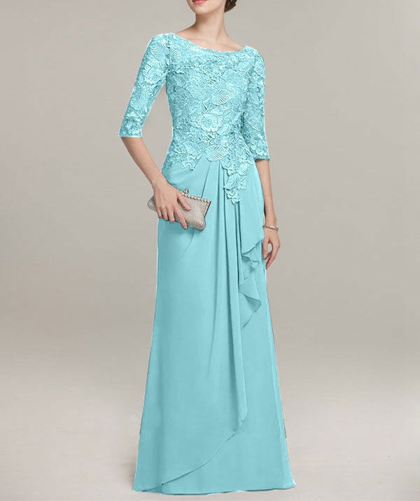 A-line Scoop Illusion Floor-Length Lace Chiffon Mother of the Bride Dress With Cascading Ruffles