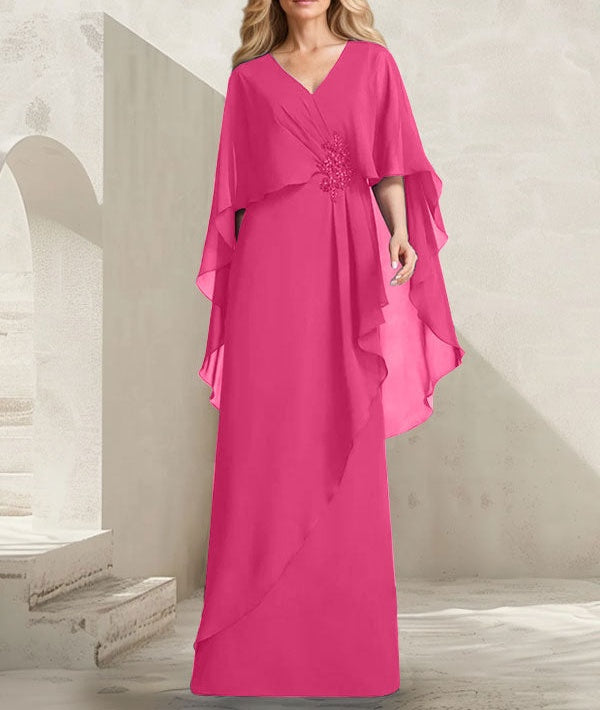 A-line V-Neck Floor-Length Chiffon Mother of the Bride Dress With Cascading Ruffles Beading