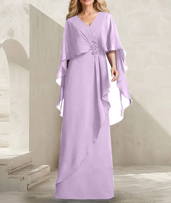 A-line V-Neck Floor-Length Chiffon Mother of the Bride Dress With Cascading Ruffles Beading