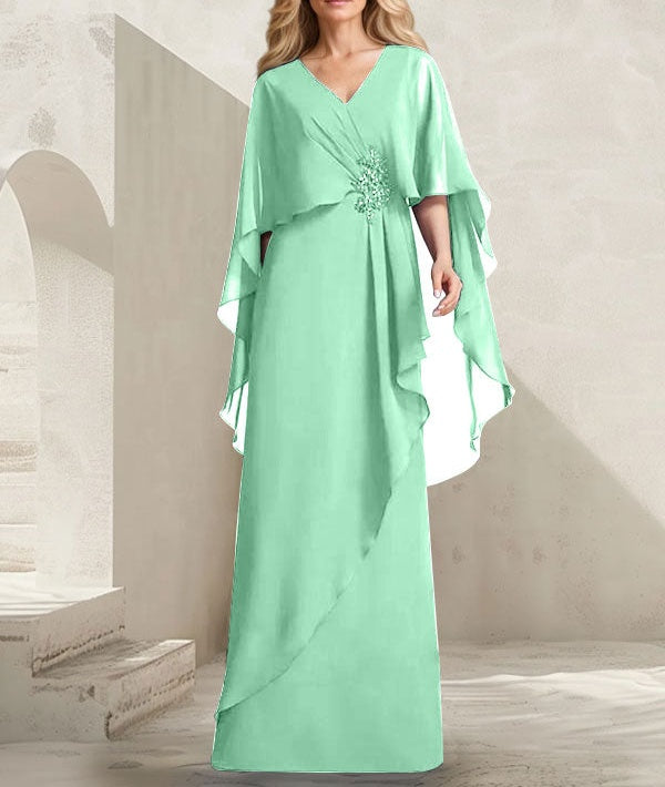 A-line V-Neck Floor-Length Chiffon Mother of the Bride Dress With Cascading Ruffles Beading