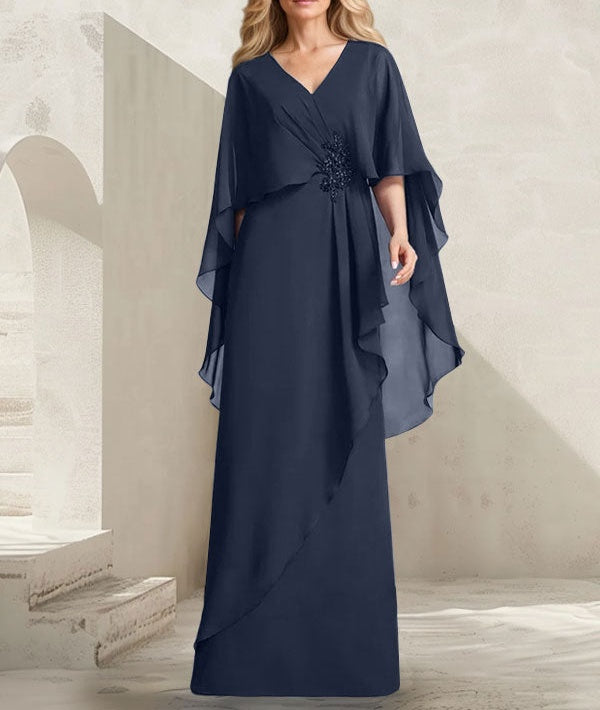 A-line V-Neck Floor-Length Chiffon Mother of the Bride Dress With Cascading Ruffles Beading
