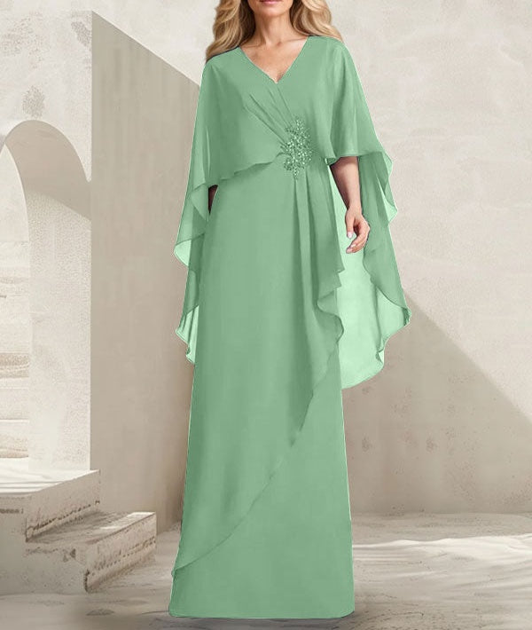 A-line V-Neck Floor-Length Chiffon Mother of the Bride Dress With Cascading Ruffles Beading
