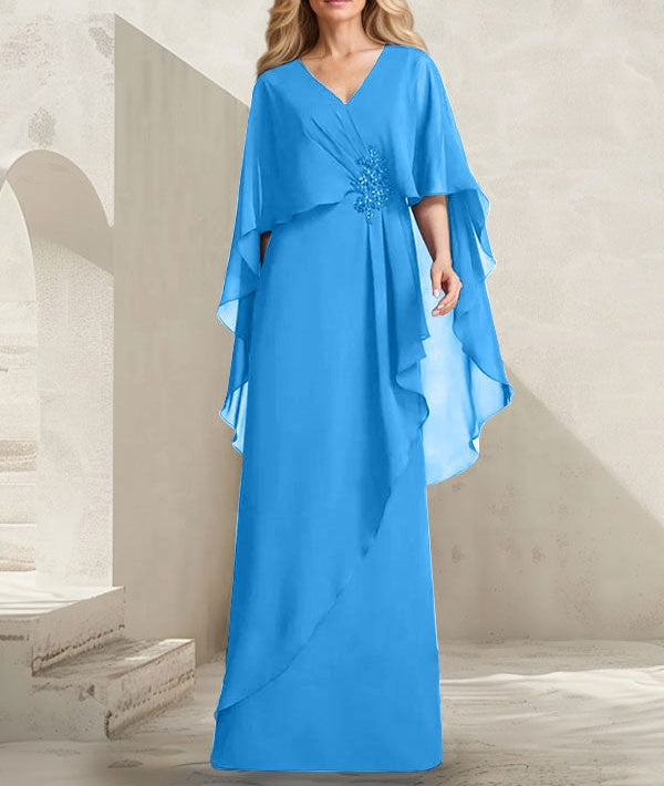A-line V-Neck Floor-Length Chiffon Mother of the Bride Dress With Cascading Ruffles Beading