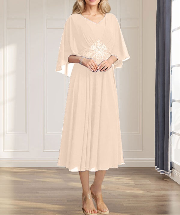 A-line V-Neck Tea-Length Chiffon Mother of the Bride Dress With Pleated Sequins Appliques Lace Beadind