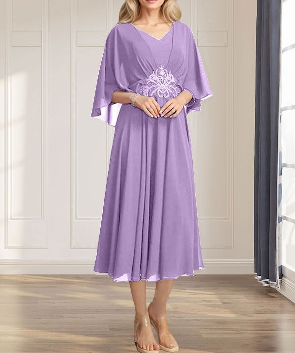 A-line V-Neck Tea-Length Chiffon Mother of the Bride Dress With Pleated Sequins Appliques Lace Beadind
