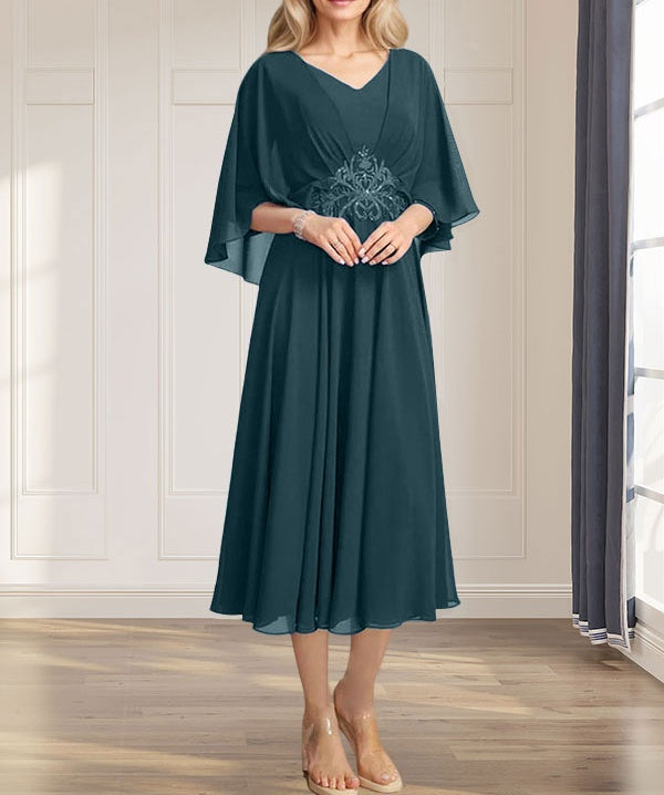A-line V-Neck Tea-Length Chiffon Mother of the Bride Dress With Pleated Sequins Appliques Lace Beadind