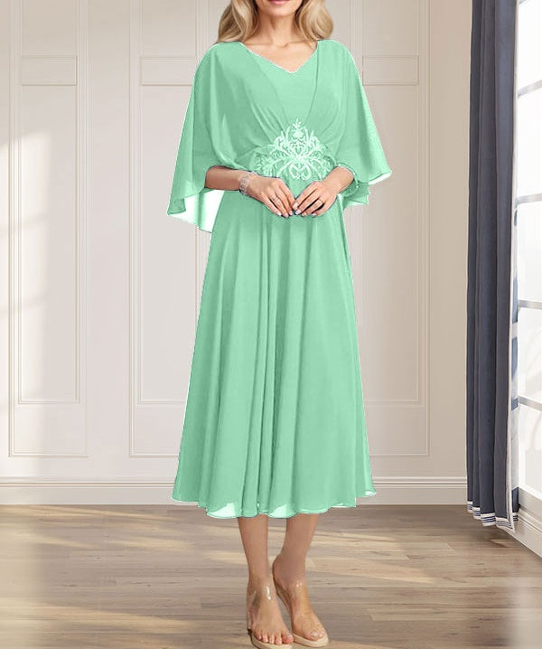 A-line V-Neck Tea-Length Chiffon Mother of the Bride Dress With Pleated Sequins Appliques Lace Beadind