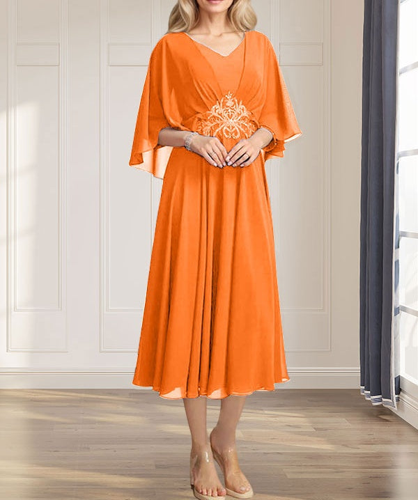 A-line V-Neck Tea-Length Chiffon Mother of the Bride Dress With Pleated Sequins Appliques Lace Beadind