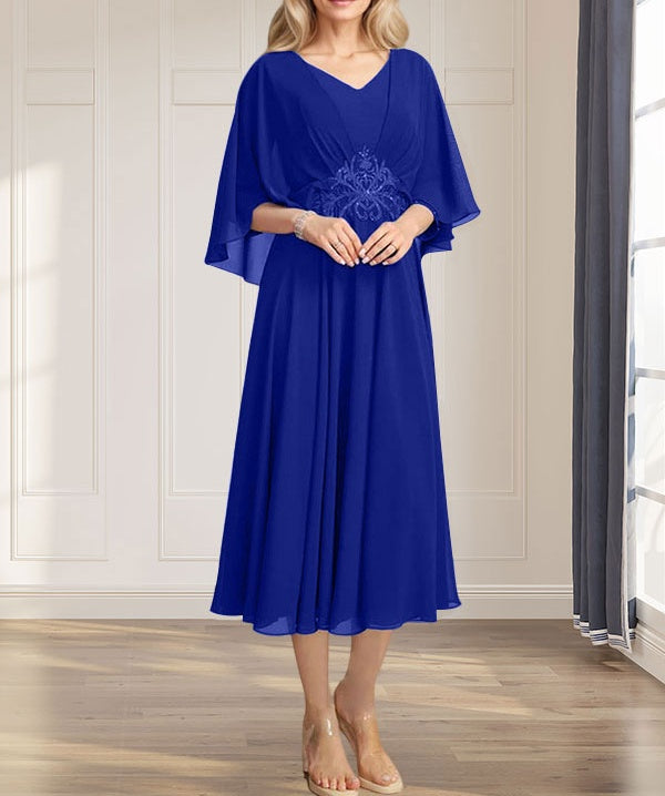 A-line V-Neck Tea-Length Chiffon Mother of the Bride Dress With Pleated Sequins Appliques Lace Beadind