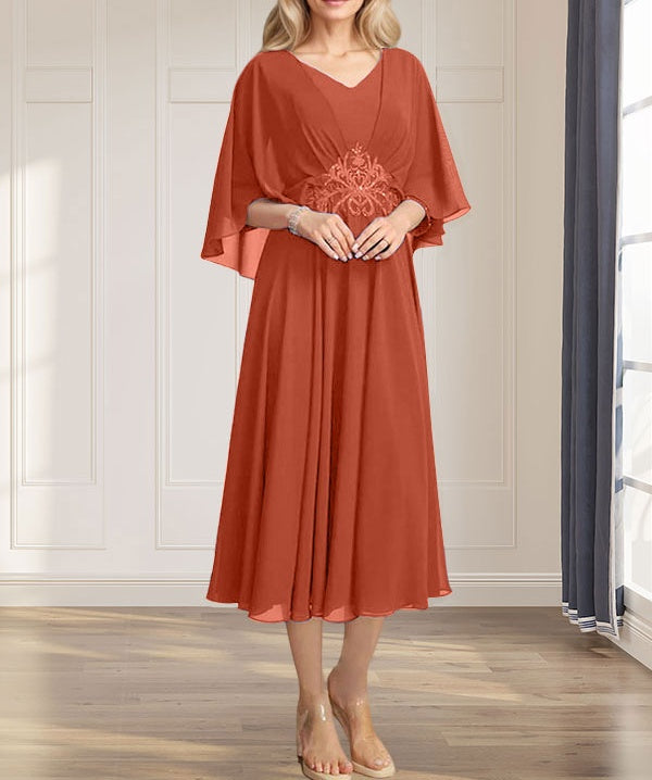 A-line V-Neck Tea-Length Chiffon Mother of the Bride Dress With Pleated Sequins Appliques Lace Beadind