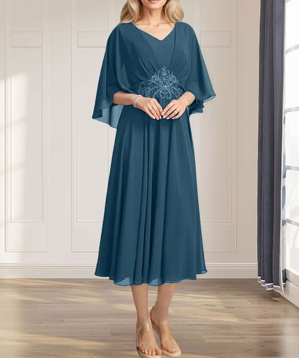 A-line V-Neck Tea-Length Chiffon Mother of the Bride Dress With Pleated Sequins Appliques Lace Beadind
