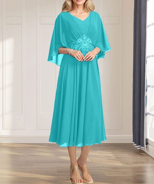 A-line V-Neck Tea-Length Chiffon Mother of the Bride Dress With Pleated Sequins Appliques Lace Beadind