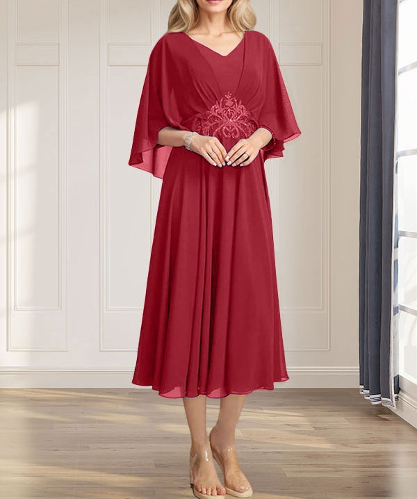 A-line V-Neck Tea-Length Chiffon Mother of the Bride Dress With Pleated Sequins Appliques Lace Beadind