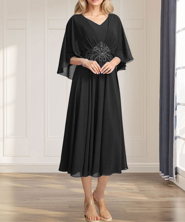 A-line V-Neck Tea-Length Chiffon Mother of the Bride Dress With Pleated Sequins Appliques Lace Beadind