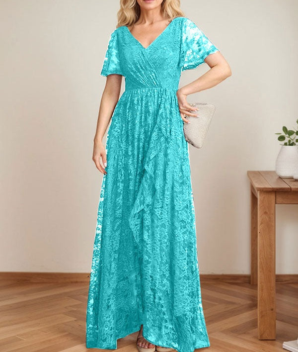 A-Line V-Neck Asymmetrical Lace Mother of the Bride Dress With Cascading Ruffles