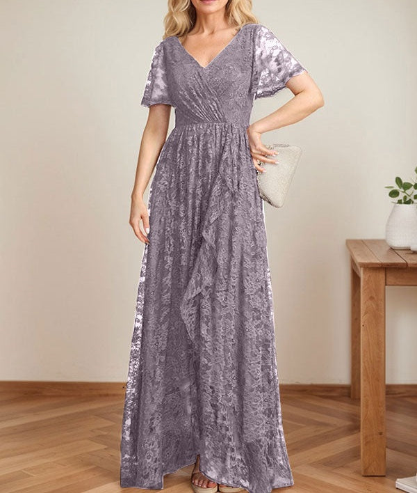 A-Line V-Neck Asymmetrical Lace Mother of the Bride Dress With Cascading Ruffles