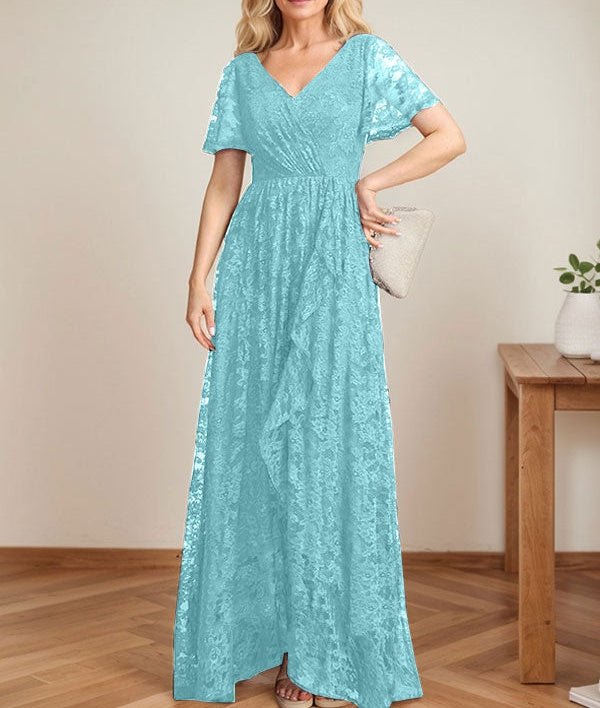 A-Line V-Neck Asymmetrical Lace Mother of the Bride Dress With Cascading Ruffles