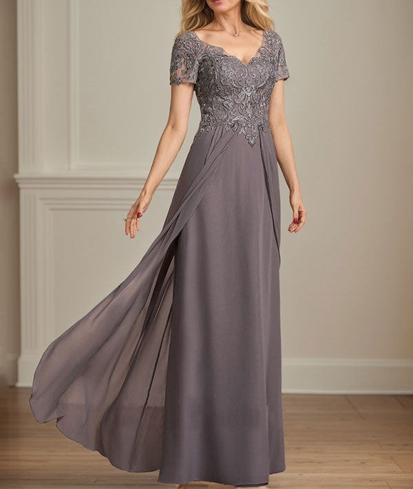 A-line V-Neck Floor-Length Chiffon Lace Mother of the Bride Dress
