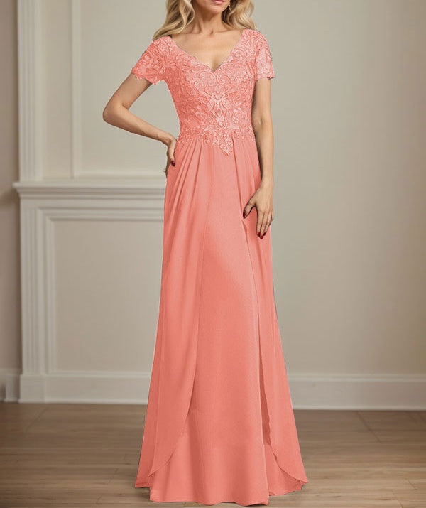 A-line V-Neck Floor-Length Chiffon Lace Mother of the Bride Dress