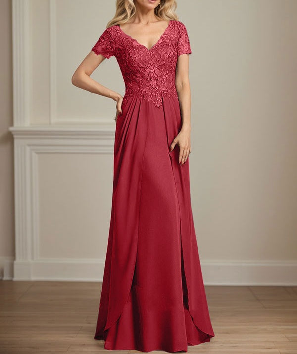 A-line V-Neck Floor-Length Chiffon Lace Mother of the Bride Dress