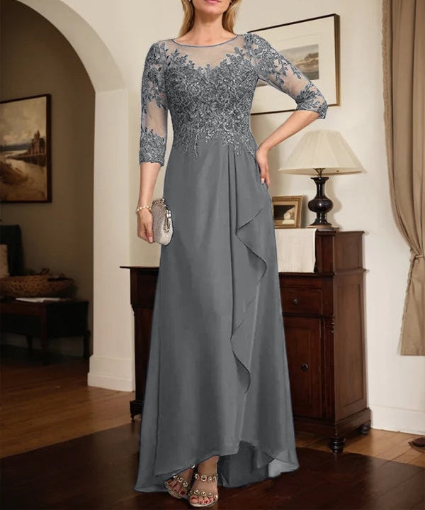 A-line Scoop Illusion Asymmetrical Lace Chiffon Mother of the Bride Dress With Sequins Cascading Ruffles