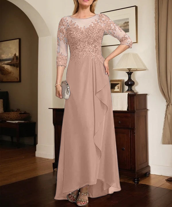 A-line Scoop Illusion Asymmetrical Lace Chiffon Mother of the Bride Dress With Sequins Cascading Ruffles