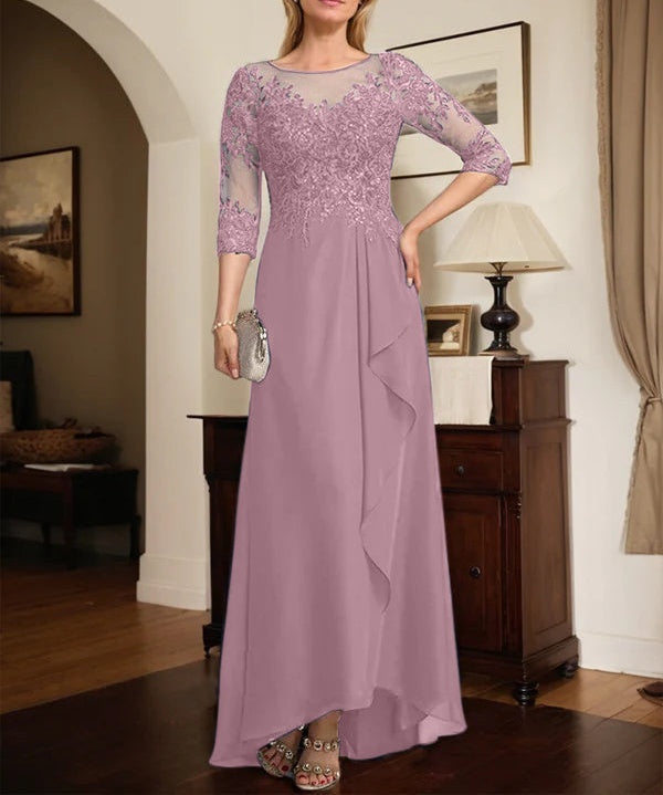A-line Scoop Illusion Asymmetrical Lace Chiffon Mother of the Bride Dress With Sequins Cascading Ruffles