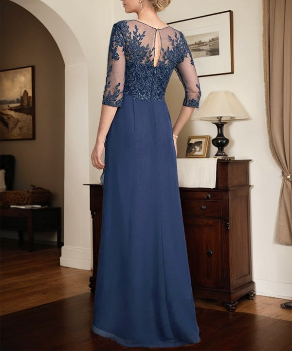 A-line Scoop Illusion Asymmetrical Lace Chiffon Mother of the Bride Dress With Sequins Cascading Ruffles