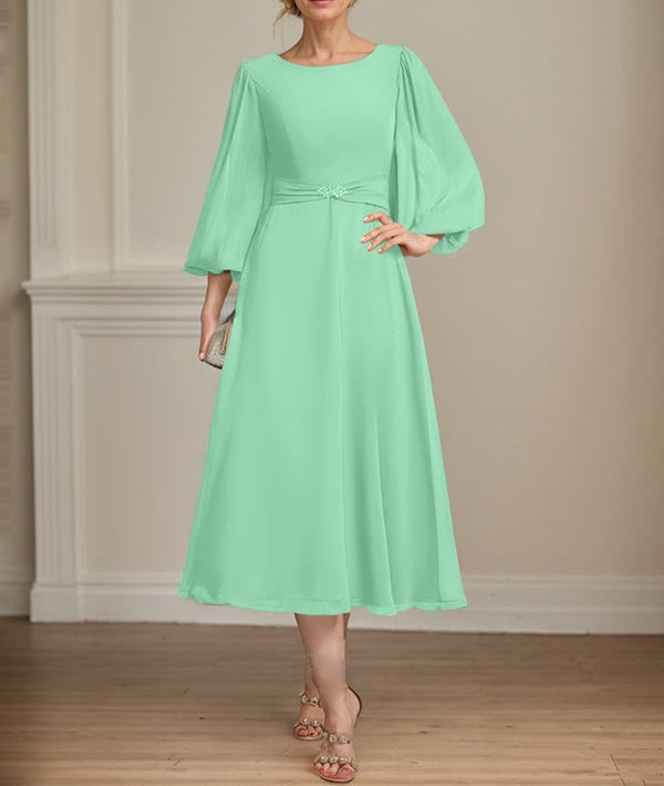 A-line Scoop Tea-Length Chiffon Mother of the Bride Dress With Crystal Brooch Pleated