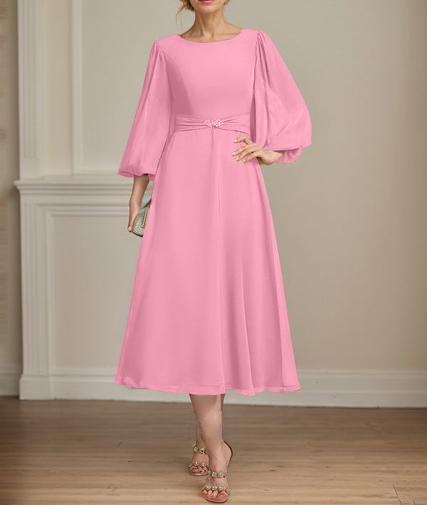 A-line Scoop Tea-Length Chiffon Mother of the Bride Dress With Crystal Brooch Pleated