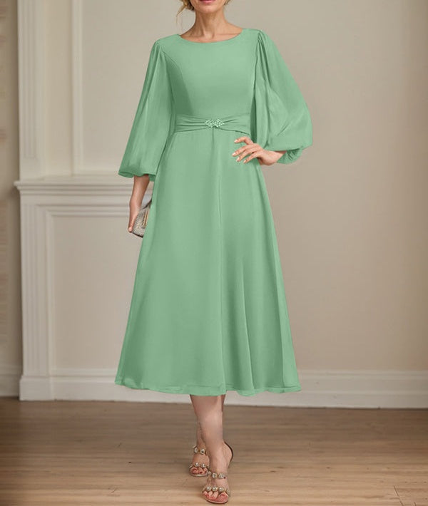 A-line Scoop Tea-Length Chiffon Mother of the Bride Dress With Crystal Brooch Pleated