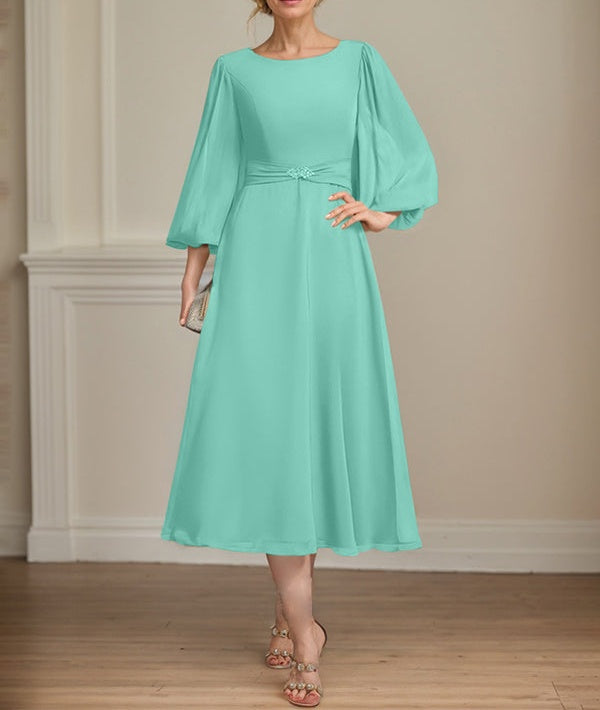 A-line Scoop Tea-Length Chiffon Mother of the Bride Dress With Crystal Brooch Pleated