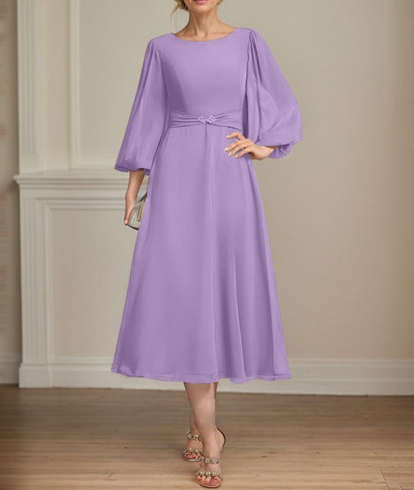 A-line Scoop Tea-Length Chiffon Mother of the Bride Dress With Crystal Brooch Pleated
