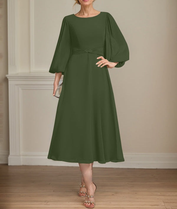 A-line Scoop Tea-Length Chiffon Mother of the Bride Dress With Crystal Brooch Pleated