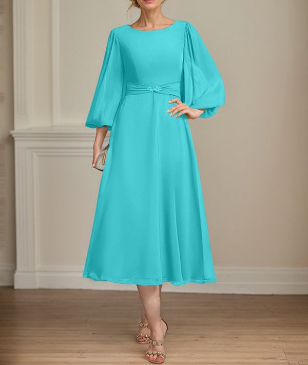 A-line Scoop Tea-Length Chiffon Mother of the Bride Dress With Crystal Brooch Pleated